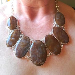 New Oversized Seam Agate Silver Statement Necklace.